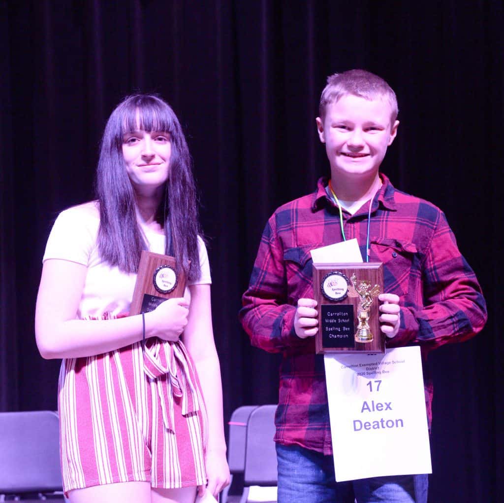 Jacelyn Griffith (left) runner-up and Alex Deaton, spelling bee winner.